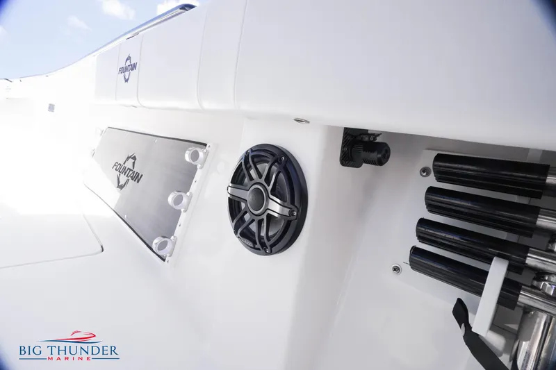 Slide: The Image of 2023 Fountain 38 TE boat interior with speaker and rod holders. - 42
