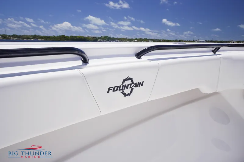 Slide: The Image of 2023 Fountain 38 TE boat interior with logo and Big Thunder Marine branding. - 44