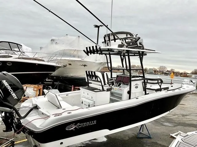 Slide: The Image of 2023 Crevalle 26 HBW boat with Mercury engine docked at marina. - 5