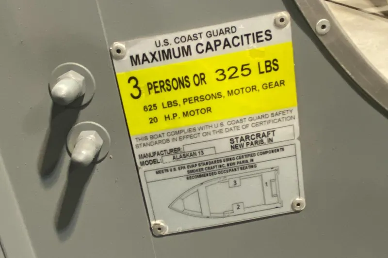 Slide: The Image of 2023 Starcraft Alaskan capacity label: 3 persons or 325 lbs, 20 HP motor. - 7