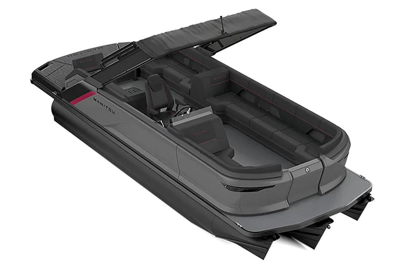 Slide: The Image of 2023 Manitou Explore pontoon boat with sleek design and spacious seating. - 10