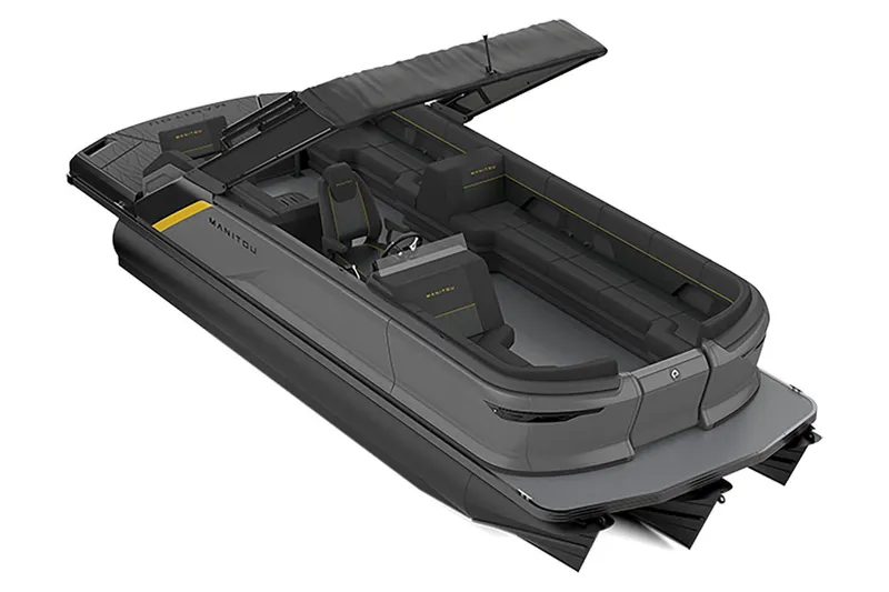 Slide: The Image of 2023 Manitou Explore pontoon boat with sleek design and spacious seating. - 11