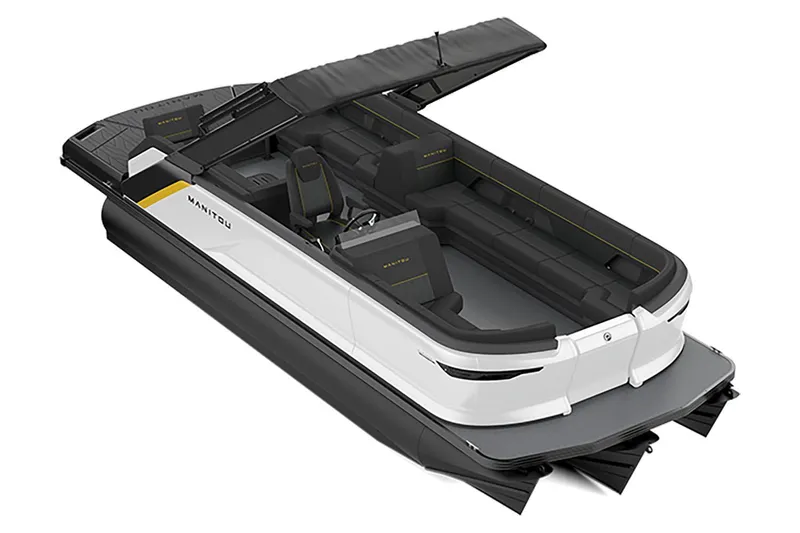 Slide: The Image of 2023 Manitou Explore pontoon boat with sleek design and spacious seating. - 12