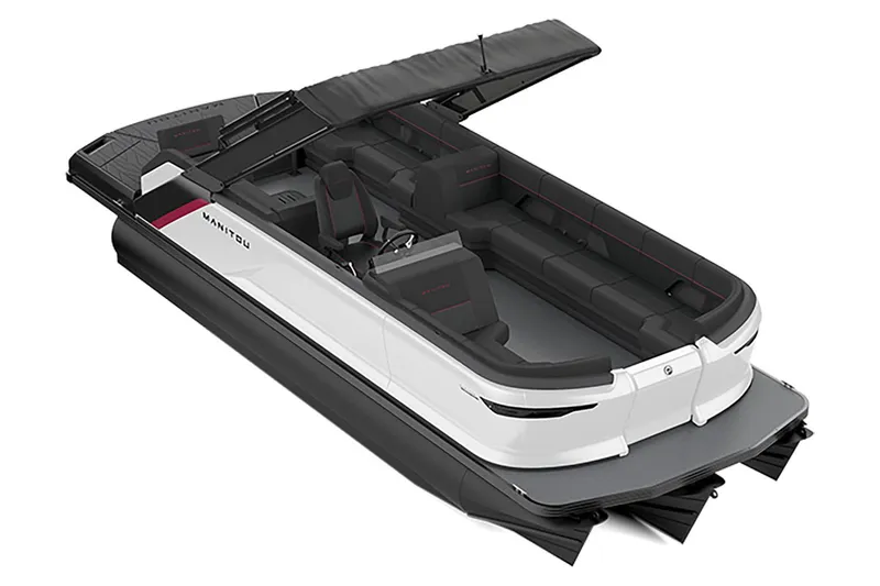 Slide: The Image of 2023 Manitou Explore pontoon boat with sleek design and spacious seating. - 13