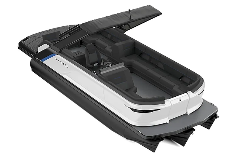 Slide: The Image of 2023 Manitou Explore pontoon boat with sleek design and spacious seating. - 14