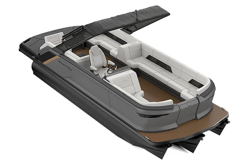 Slide: The Image of 2023 Manitou Explore pontoon boat with sleek design and spacious seating. - 8