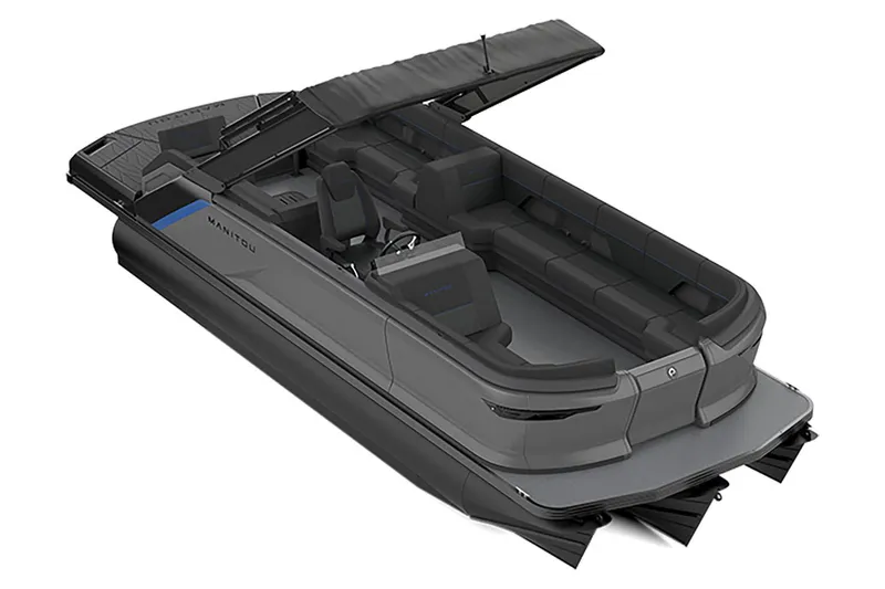 Slide: The Image of 2023 Manitou Explore pontoon boat with sleek design and spacious seating. - 9