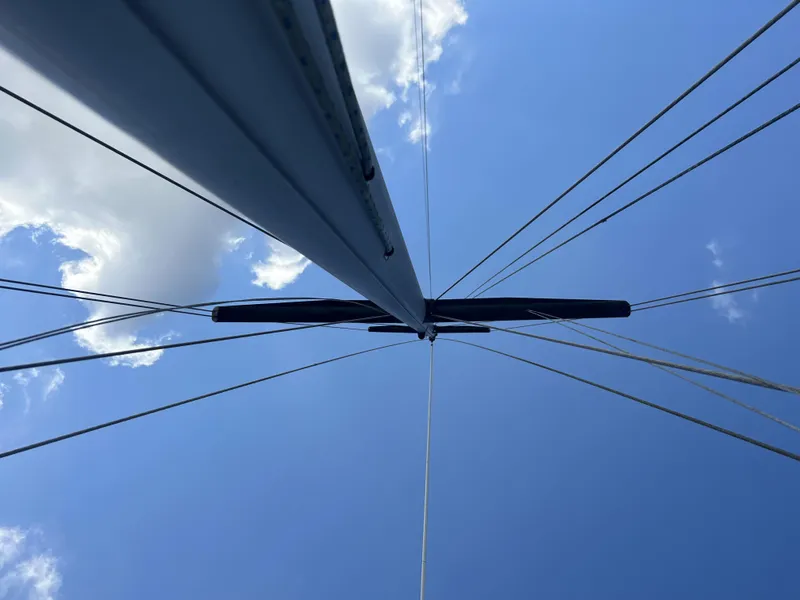 Slide: The Image of View of sailboat mast and rigging against blue sky, O'Day 39 Aft Cockpit, 1986. - 21