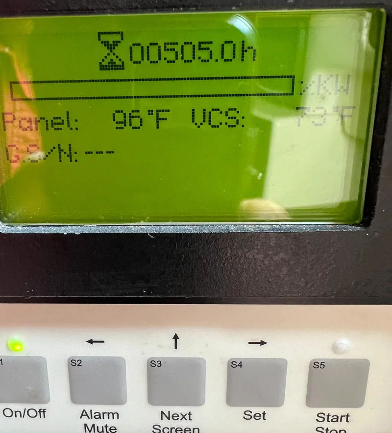 Slide: The Image of Control panel display showing 505 hours, temperature readings, and buttons on a 2007 Grady-White Express 360. - 39