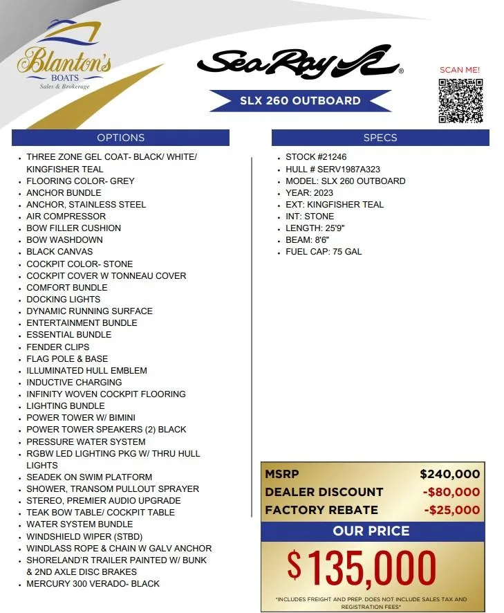 Slide: The Image of 2023 Sea Ray SLX 260 Outboard boat options and specs, priced at $135,000 after discounts. - 30