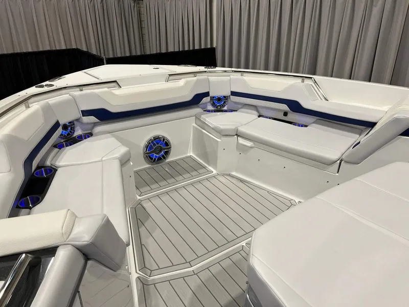 Slide: The Image of 2023 Formula 387 Center Console Sport boat interior with sleek seating and modern design. - 9