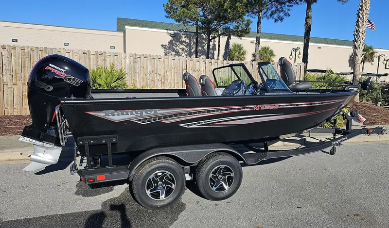 Slide: The Image of 2023 Ranger VS1882SC Angler boat on a trailer, black with red accents. - 2