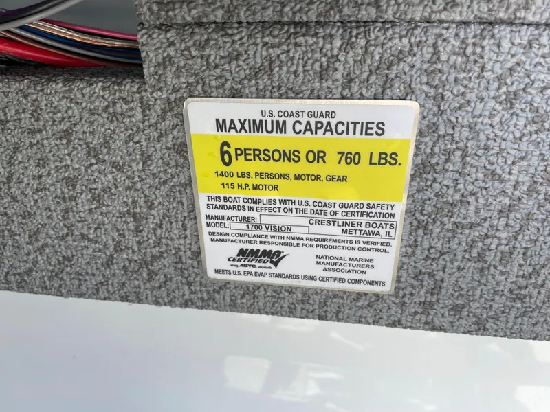 Slide: The Image of 2022 Crestliner 1700 Vision capacity label: 6 persons or 760 lbs, 115 HP motor. - 18
