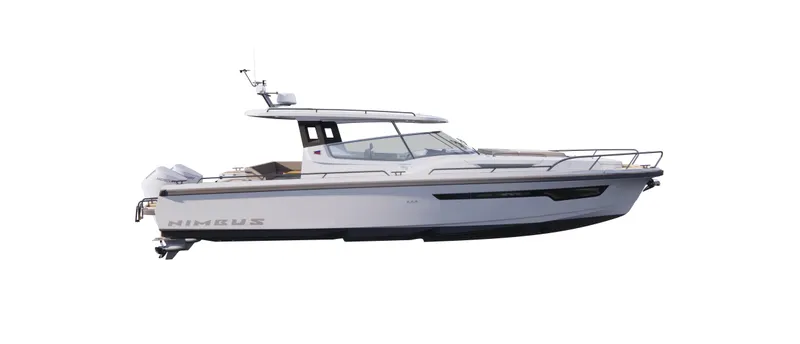 Slide: The Image of Nimbus W11 2024 luxury motorboat, side view, sleek design, white hull. - 22