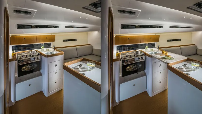 Slide: The Image of Modern interior of 2024 Beneteau First 36 yacht with kitchen and seating area. - 12