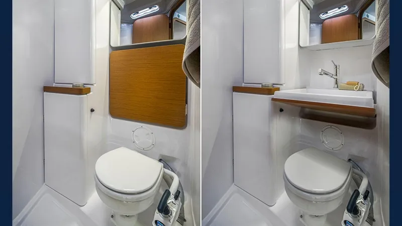 Slide: The Image of 2024 Beneteau First 36 yacht bathroom with toilet and foldable sink. - 13
