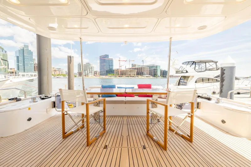 Slide: The Image of Luxury Sirena 58 yacht deck with city skyline view, 2025 model. - 19