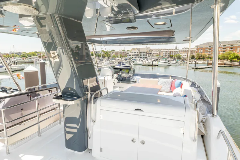 Slide: The Image of Luxury Sirena 58 yacht 2025 model, spacious deck with marina view. - 30