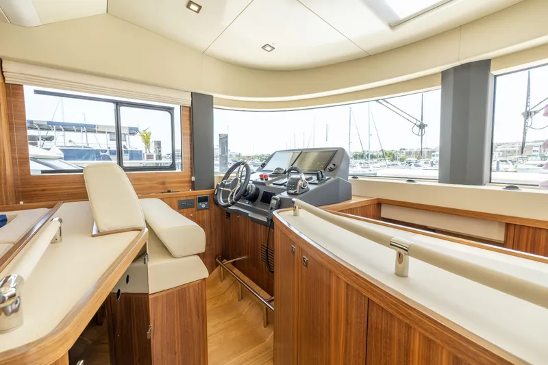 Slide: The Image of Interior helm of 2025 Sirena 58 yacht with modern controls and panoramic windows. - 38
