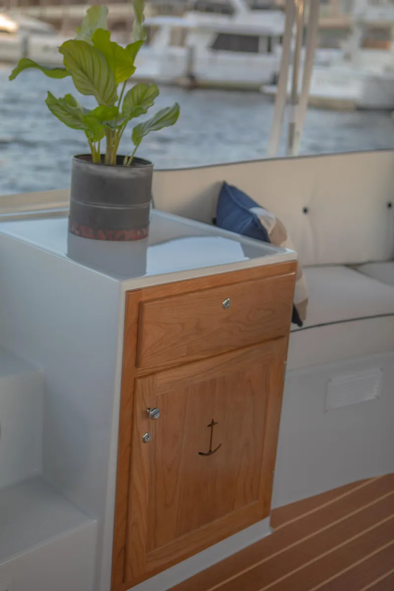 Slide: The Image of 2022 Duffy Snug Harbor 18 interior with wooden cabinet and potted plant. - 9