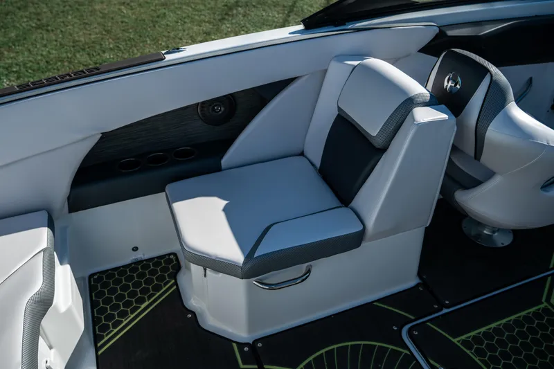Slide: The Image of 2022 Scarab 255 boat interior seating with modern design and comfortable upholstery. - 16