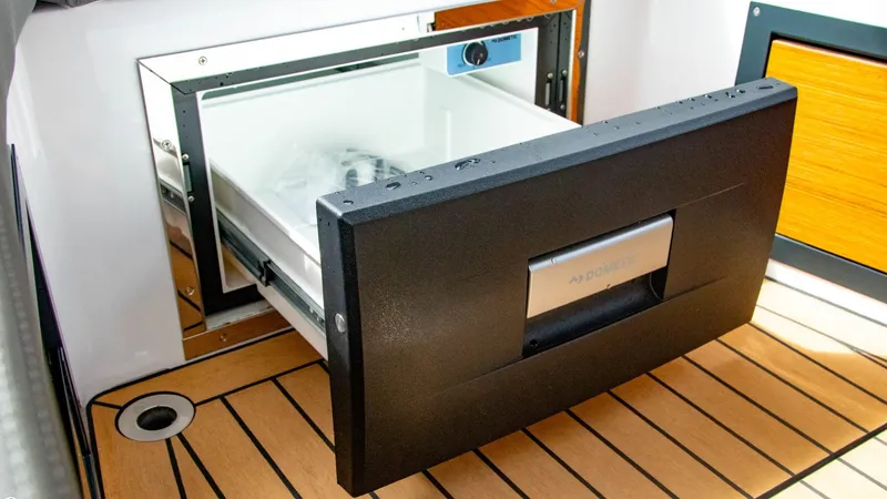 Slide: The Image of Built-in refrigerator drawer on the 2023 Alfastreet 21 Open boat. - 25
