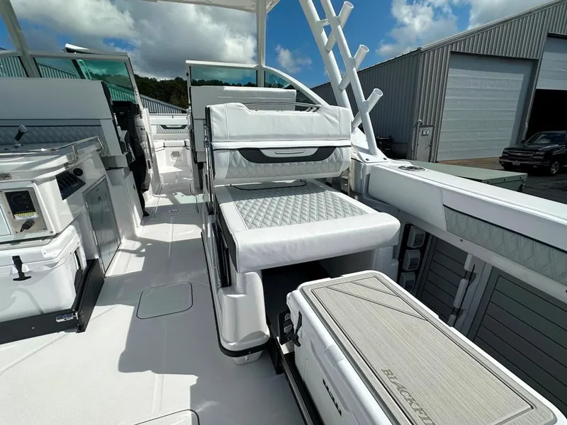 Slide: The Image of 2024 Blackfin 302 DC boat interior with seating and storage compartments. - 27