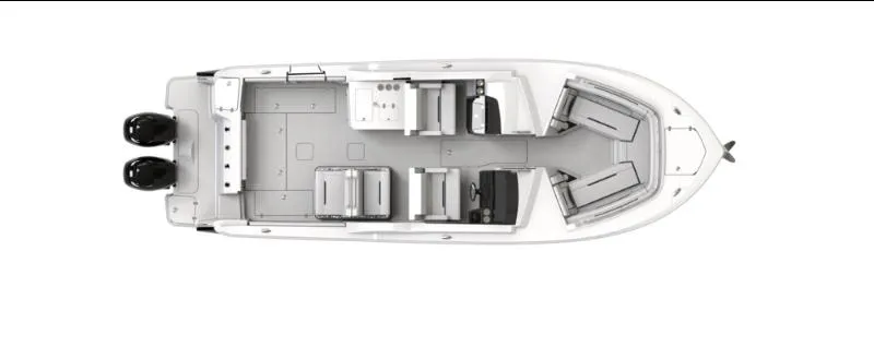Slide: The Image of 2024 Blackfin 302 DC boat top view layout with dual engines. - 43
