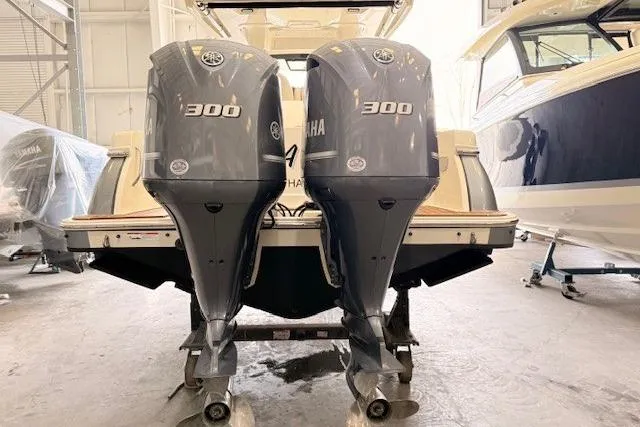 Slide: The Image of 2019 Chris-Craft Catalina 30 with dual Yamaha 300 engines in a boatyard. - 3