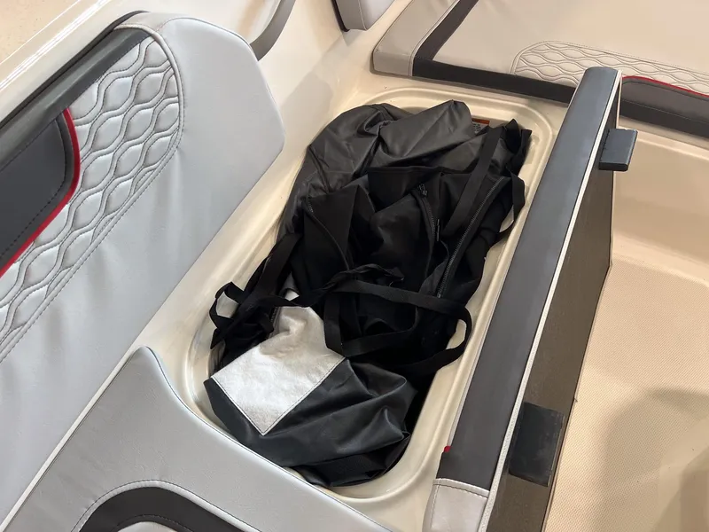 Slide: The Image of 2023 Bayliner Element M15 boat storage compartment with black bag. - 9