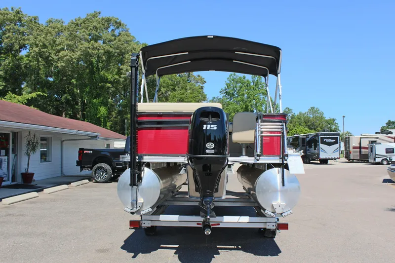Slide: The Image of 2023 Crest Classic 200 LX L pontoon boat with 115 HP engine, rear view. - 6