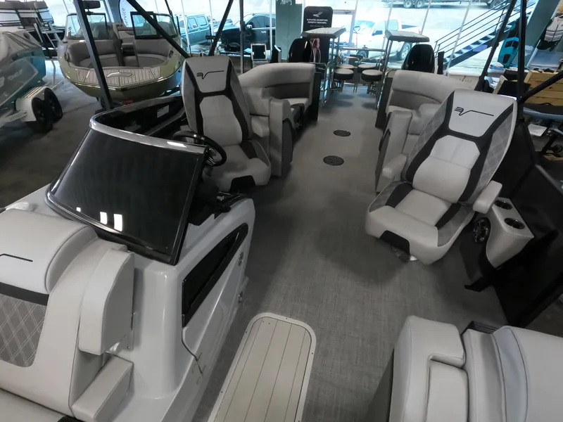 Slide: The Image of 2023 Vanderbilt 700T boat interior with modern seating and sleek design. - 8