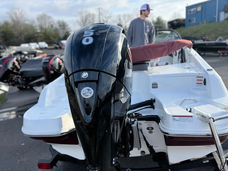 Slide: The Image of 2023 Tahoe Pontoon 200 S with 150 HP Mercury outboard engine. - 6