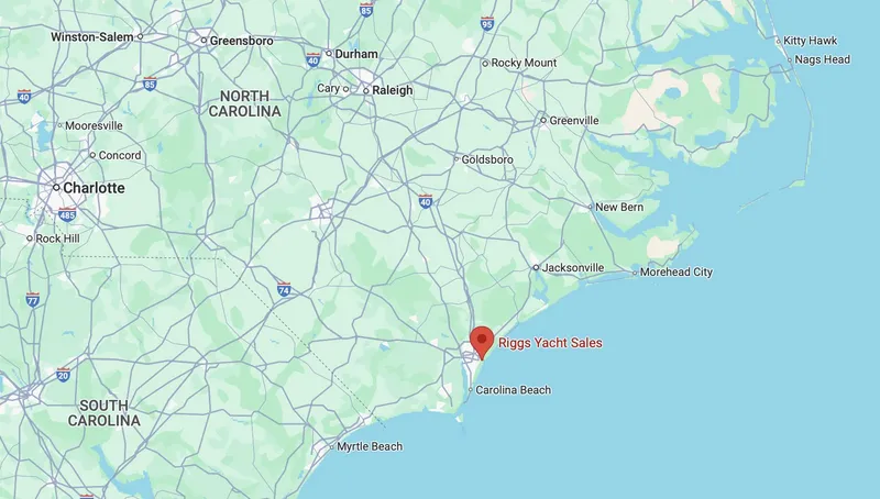 Slide: The Image of Map showing Riggs Yacht Sales location in North Carolina, near Carolina Beach. - 33