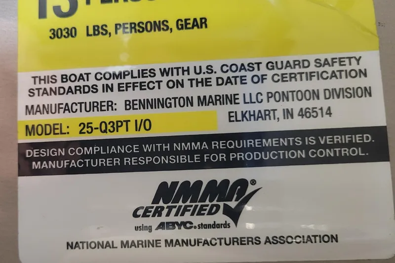 Slide: The Image of Bennington 2575 RCW 3 I/O 2011 compliance label with NMMA certification details. - 20