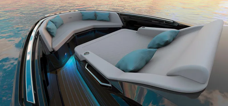Slide: The Image of 2024 Zar Formenti Imagine 130 boat interior with luxurious seating and cushions. - 6