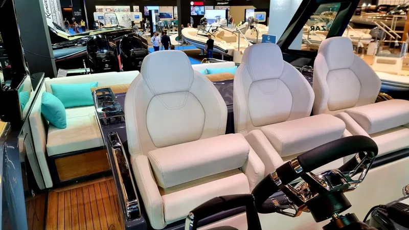 Slide: The Image of 2024 Zar Formenti Imagine 130 luxury boat interior with white leather seats. - 8