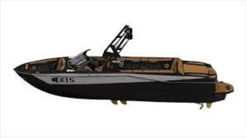 Slide: The Image of 2023 Malibu 26 LSV boat, sleek design, black and tan color scheme. - 1