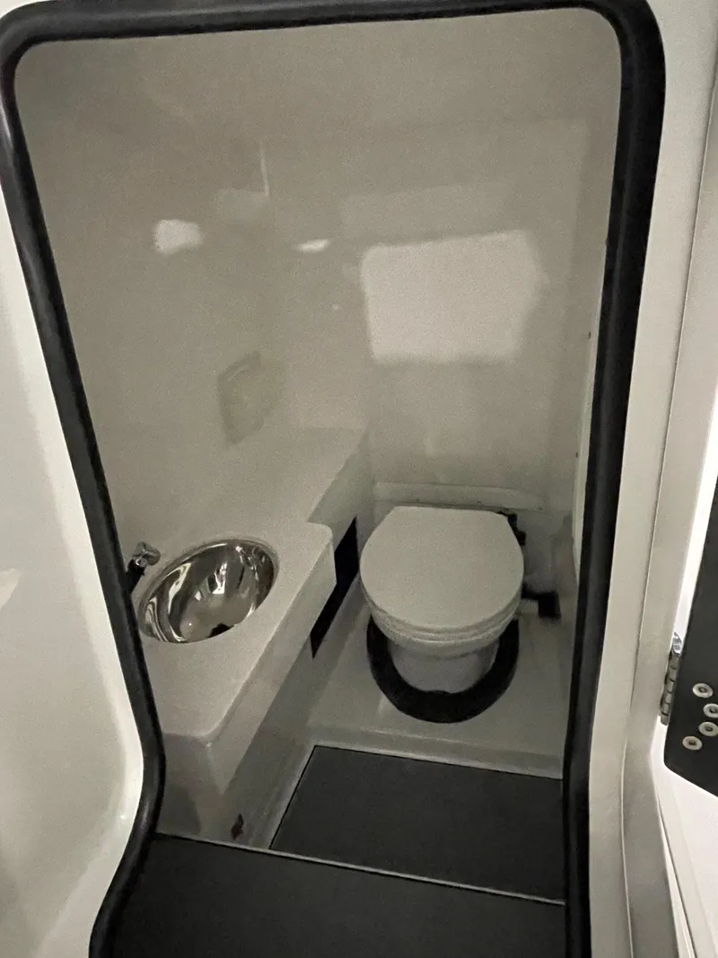 Slide: The Image of 2026 Blackfin 302 DC boat interior bathroom with toilet and sink. - 9