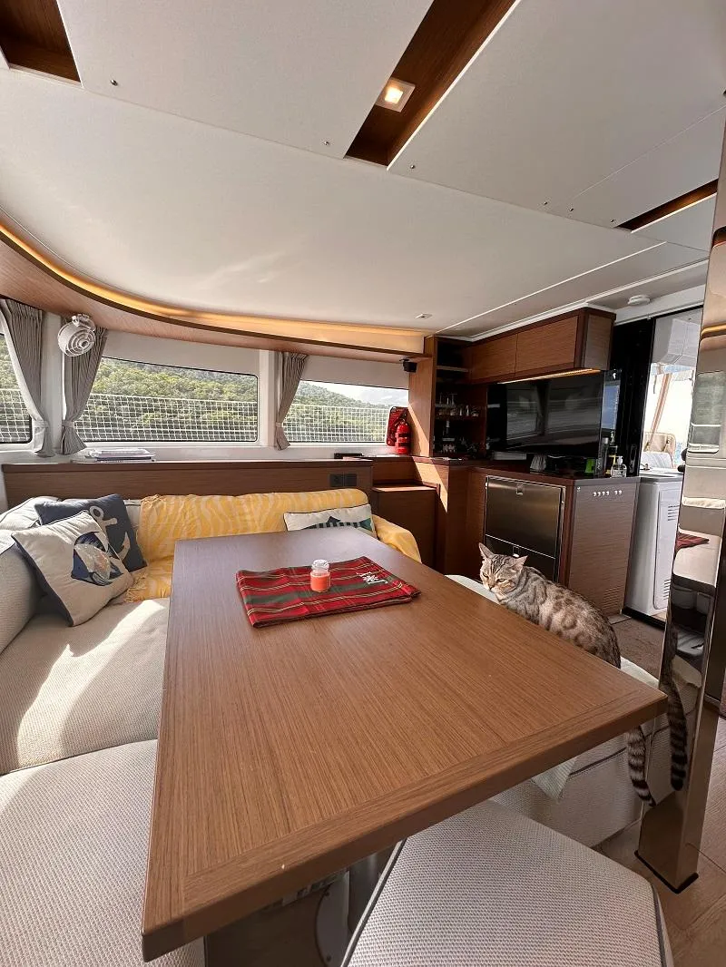 Slide: The Image of Interior of 2022 Lagoon 46 catamaran with cozy seating and a cat on the table. - 14