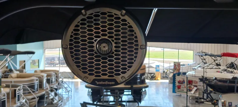 Slide: The Image of Close-up of Rockford Fosgate speaker on 2023 Heyday H22 boat in showroom. - 17