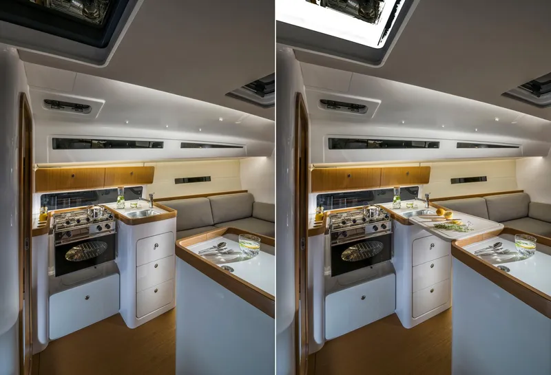 Slide: The Image of 2023 Beneteau First 36 yacht interior with modern kitchen and seating area. - 33