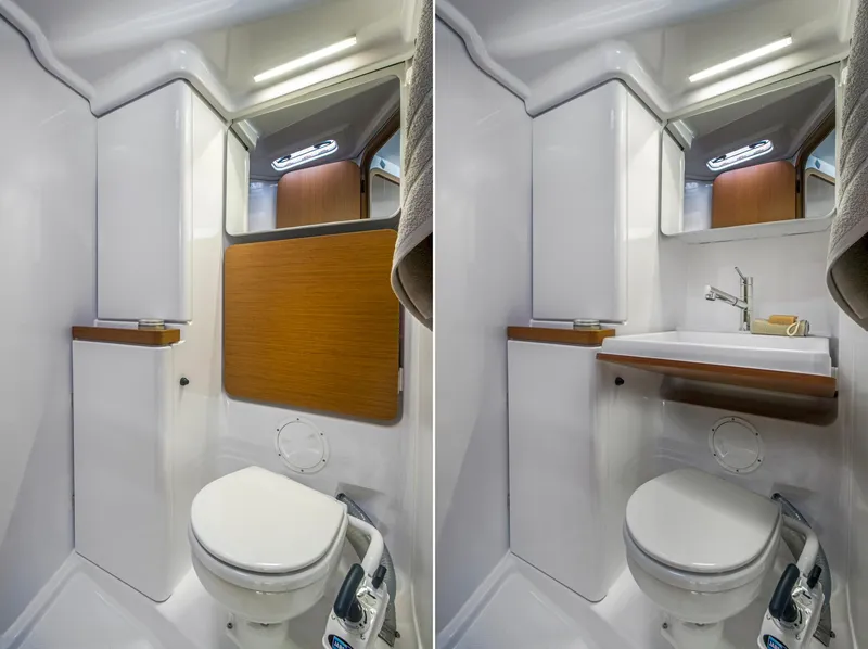 Slide: The Image of 2023 Beneteau First 36 yacht bathroom with compact toilet and foldable sink. - 35