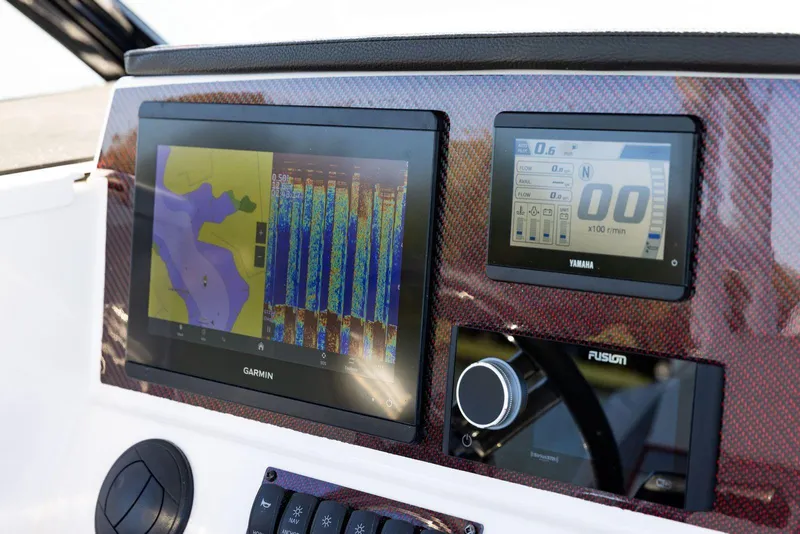 Slide: The Image of Dashboard of 2023 Solara S-250 CW with Garmin and Yamaha displays. - 23