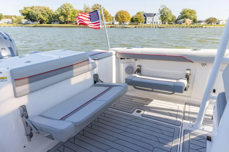 Slide: The Image of Interior of 2023 Solara S-250 CW boat with seating and American flag. - 37