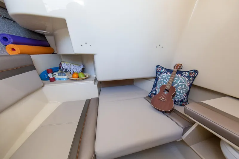Slide: The Image of Interior of 2023 Solara S-250 CW boat with seating, ukulele, and yoga mats. - 42