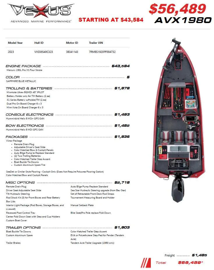Slide: The Image of 2023 Vexus AVX1980 fishing boat with detailed specifications and pricing. - 19