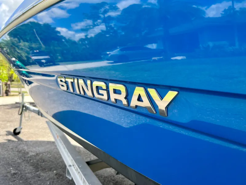 Slide: The Image of 2021 Stingray 191 DC boat in blue, close-up of logo. - 10