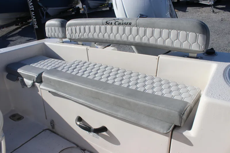 Slide: The Image of 2023 Sea Chaser 20 HFC boat seating with hexagonal pattern upholstery. - 14