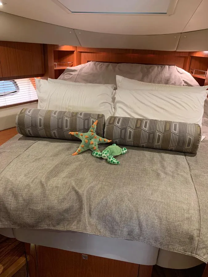 Slide: The Image of Luxurious bedroom in 2014 Sea Ray 510 Sundancer yacht with plush bedding. - 39